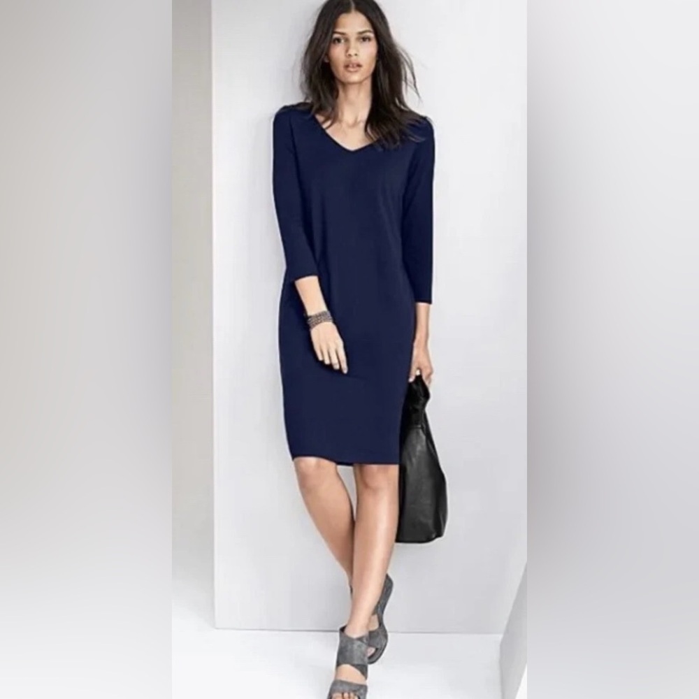 Eileen Fisher System Jersey Knit 3/4 Sleeve Dress Career Casual Navy Size PS